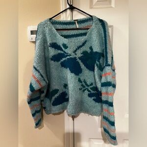 Free People Teal Floral V-Neck Sweater with Coral Stripe Accents